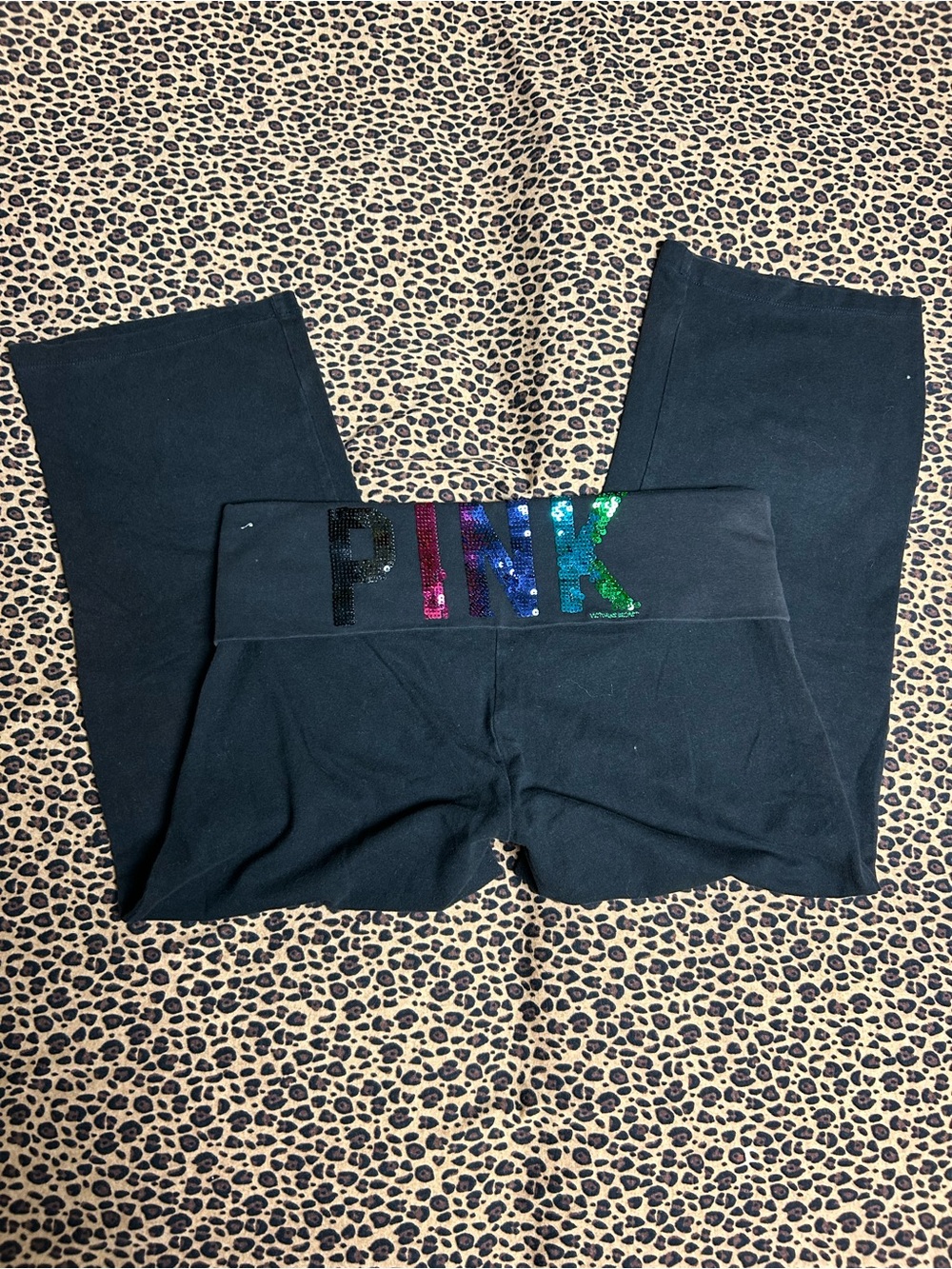 PINK Victoria's Secret Black Leggings with Rainbow Sequin Logo
